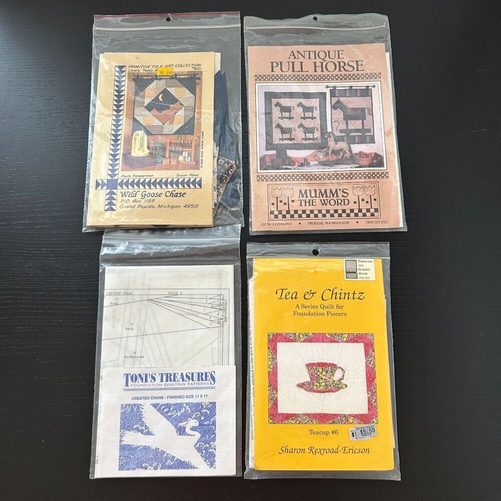 Lot 4‎ Vintage Quilt Pattern Teacup Tea & Chintz Teddy Bear Crane Pull Horse